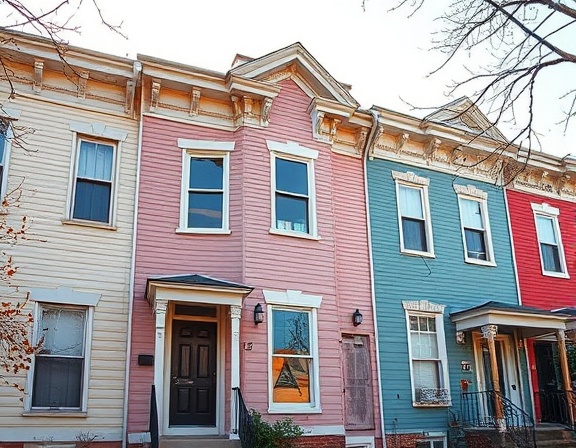 vintage upper Baltimore home, hopeful, repainting exterior, photorealistic, iconic Baltimore row houses in the vicinity, highly detailed, fluttering paint drops, precise depth, pastel colors, warm afternoon sun, shot with a macro lens.