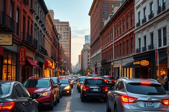 Elegant Baltimore buying, exciting expression, inviting potential buyers, photorealistic, set on a bustling city street with historic charm, highly detailed, traffic bustling by, pristine clarity, deep reds, evening light, shot with a macro lens.