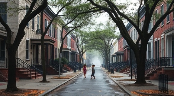 Quaint Baltimore property, nostalgic expression, displaying vintage row houses, photorealistic, lined with oak trees and calm pavement, highly detailed, children playing in the street, deep focus, cool grays, morning mist, shot with a prime lens.