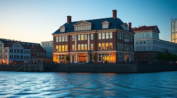 modern offers Baltimore house, exhibiting elegance, looming majestically, photorealistic, overlooking the Inner Harbor, highly detailed, water reflecting movements, depth of field, cool palette, early evening lighting, shot with a 28mm lens.