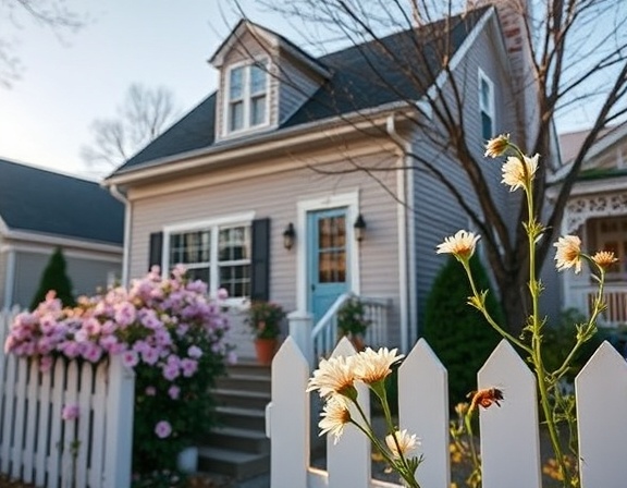 quaint Baltimore house, inviting, blossoming with flowers, photorealistic, situated in a quiet cul-de-sac with white picket fences, highly detailed, bees hovering near flowers, f-stop f/5.6, pastel colors, morning light, shot with a Fujifilm 35mm lens.