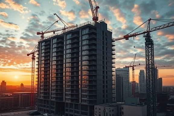 Contemporary real estate project, inspirational, construction cranes and bustling activity, photorealistic, set against a backdrop of Baltimore's cityscape at dawn, highly detailed, featuring dynamic movement and cloud play, precise focus, muted steel and concrete hues, golden hour lighting, shot with a wide-angle lens.