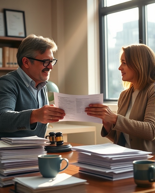 concerned family receiving foreclosure help, hopeful, receiving legal documents, photorealistic, office setting with stacks of paperwork and coffee mugs, highly detailed, dust motes in sunlight, atmospheric perspective, warm tones, artificial lighting, shot with a 50mm lens