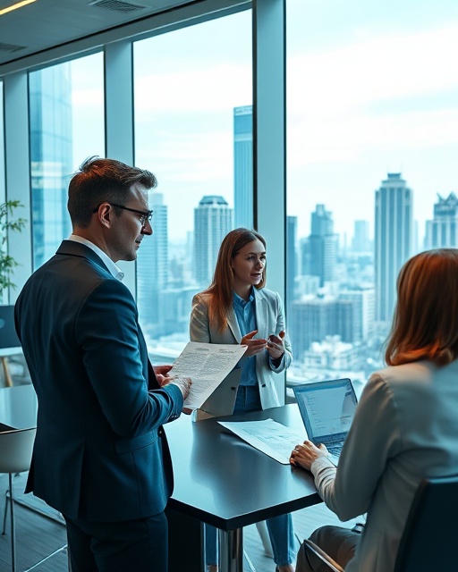 property solutions, determined, discussing plans, photorealistic, in a modern office with floor-to-ceiling windows showcasing the city skyline, highly detailed, bustling conversations and digital screens, crisp clarity, cool blues and whites, bright artificial lighting, shot with a 35mm lens.