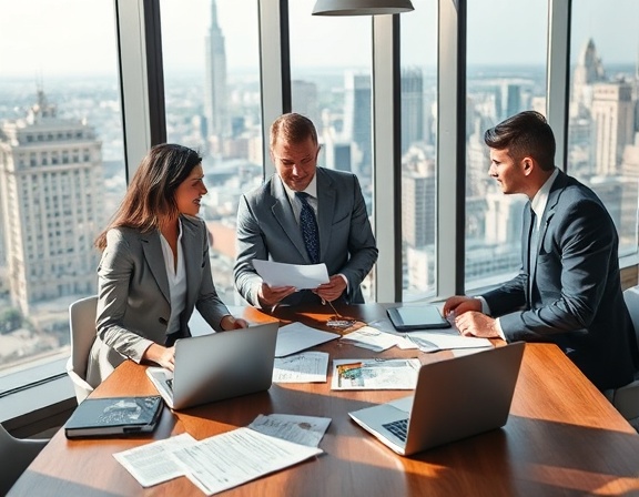 professional real estate team in Baltimore, confident, discussing plans at a conference table, photorealistic, interior of a high-rise office with a view of downtown Baltimore, highly detailed, papers and laptops scattered around, natural daylight casting soft shadows, shot with a 50mm prime lens.