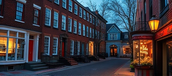 Charming historical Baltimore properties, nostalgic, featuring classic colonial architecture with vibrant door colors, photorealistic, alongside cobblestone streets and vintage shops, highly detailed, capturing the essence of Baltimore's history, rich deep hues, twilight lighting, shot with a 24mm lens.