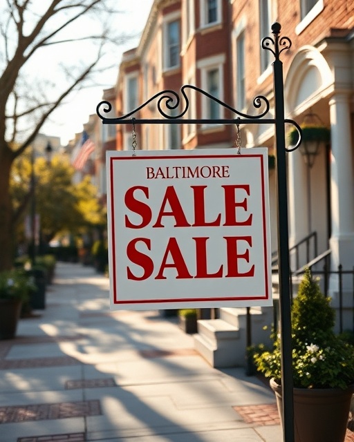 elegant Baltimore sale sign, hopeful, catching attention, photorealistic, positioned at the front of a picturesque townhouse lined street, highly detailed, sunlight reflecting off sign details, aperture f/2.2, vibrant red accents, afternoon sun lighting, shot with a Nikon 85mm lens.