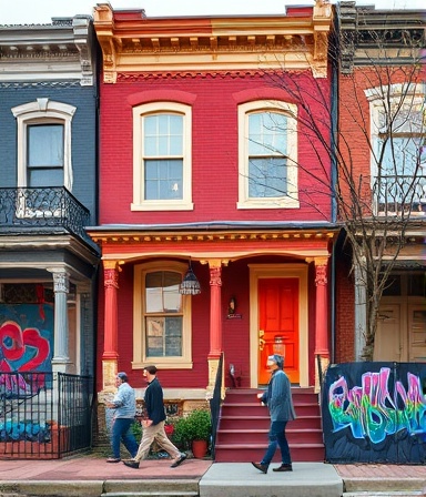 vibrant Baltimore home, expressing coziness, emanating warmth, photorealistic, located in a bustling neighborhood with street art, highly detailed, pedestrians passing by, sharp focus, pastel colors, mid-morning lighting, shot with a 24mm lens.