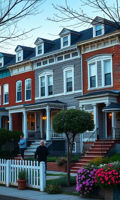 Charming Baltimore homes, homely expression, nestled in a cozy neighborhood, photorealistic, accompanied by flowering gardens and picket fences, highly detailed, people walking by, intricate patterns, soft blues, twilight glow, shot with a telephoto lens.