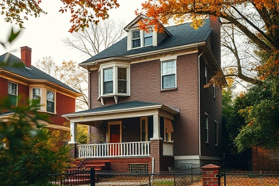 neglected upper property, determined, contractors planning restoration, photorealistic, suburban Baltimore backdrop with leafy surroundings, highly detailed, inflow of materials, focused depth, vibrant tones, golden hour lighting, shot with a tilt-shift lens.