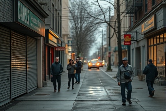 foreclosure crisis impacts community, distressed, people protesting with signs, photorealistic, urban street with closed stores and homeless individuals, highly detailed, distant sirens, depth of field, stark contrasts, overcast lighting, shot with a 24mm lens