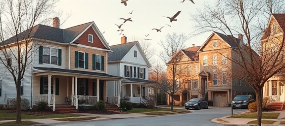 Spacious Baltimore homes, inviting, designed with open floor plans and large windows, photorealistic, nestling in a serene suburban neighborhood with tree-lined streets, highly detailed, with birds in flight and swaying trees, crisp focus, pastel tones, diffused morning lighting, shot with a telephoto lens.