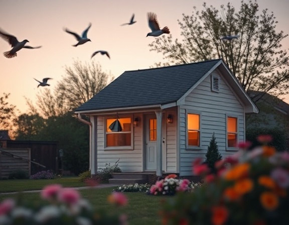 modest cash home, expressing simplicity, standing quietly, photorealistic, surrounded by garden with blooming flowers, highly detailed, birds in motion, bokeh effect, earthy hues, twilight lighting, shot with a 50mm lens.