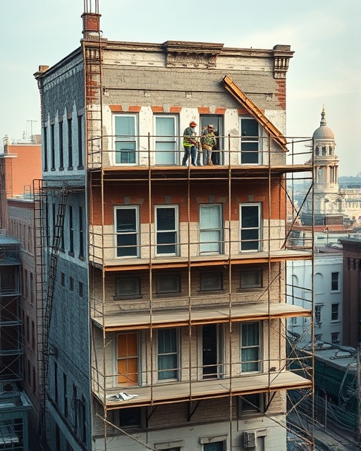 dilapidated upper renovation project, optimistic, scaffolding in place, photorealistic, inner-city Baltimore with cultural landmarks visible in the distance, highly detailed, bustling construction crew, crisp resolution, cool tones, soft morning light, shot with a 35mm lens.