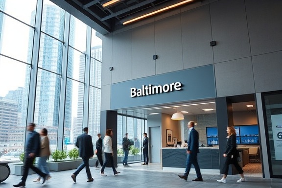 modern Baltimore realty office, professional, engaging with clients, photorealistic, located in a bustling downtown setting with skyscrapers surrounding, highly detailed, people in motion, ISO 200, sleek gray and blue palette, natural daylight, shot with a Sony 24-70mm lens.