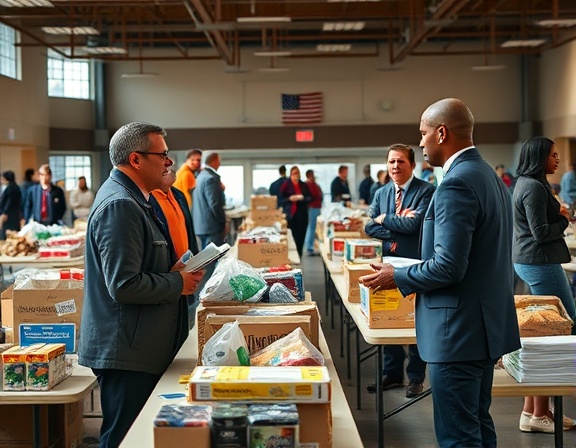 government officials providing Baltimore aid, supportive, distributing resources, photorealistic, community center with tables of supplies and volunteers, highly detailed, chatter and footsteps echo, balanced composition, soft focus, daylight, shot with a 28mm lens