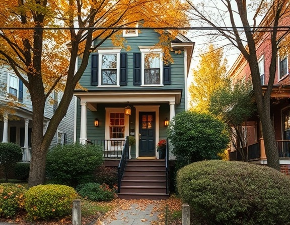 charming Baltimore home exterior, welcoming, surrounded by lush garden, photorealistic, suburban neighborhood with tree-lined streets, highly detailed, falling autumn leaves, dynamic warm color tones, afternoon golden hour lighting, shot with an 85mm portrait lens.