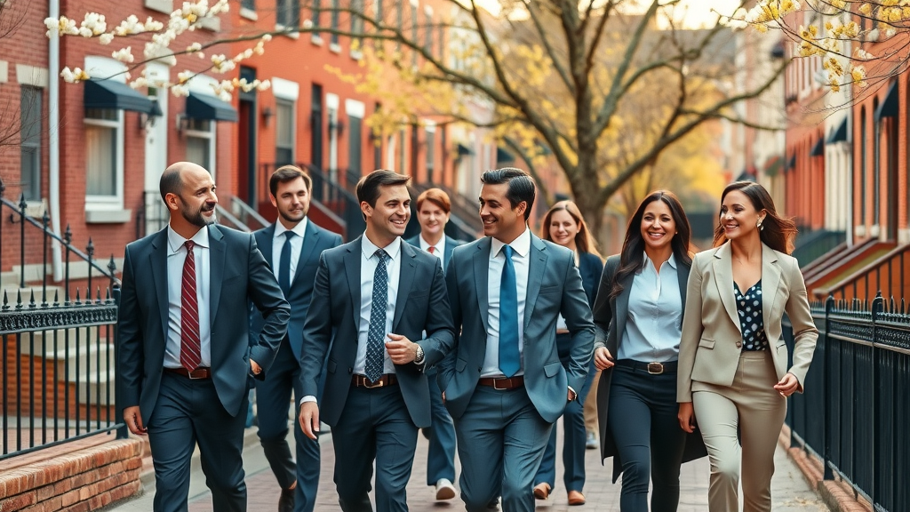 Diverse group of best realtors in Baltimore walking by historic rowhomes in spring